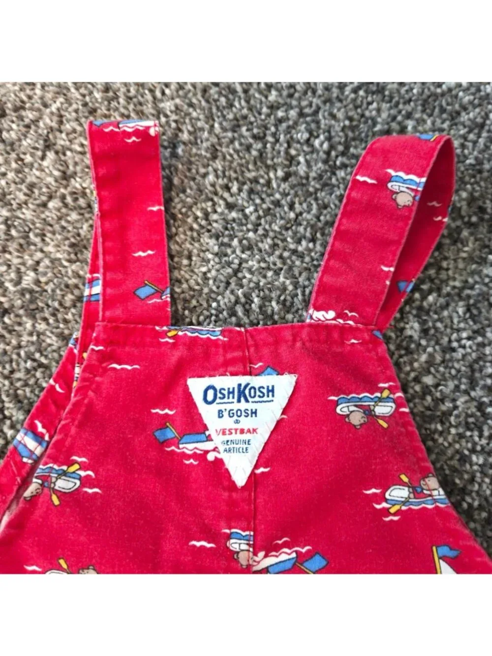 Vintage 90s OshKosh BGosh 24M Red Bear Boat Print Shortalls Overalls Made In USA
